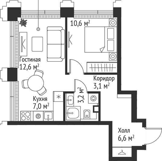Планировка: Евродвушка 43,1 м² в ЖК «СЕТ»