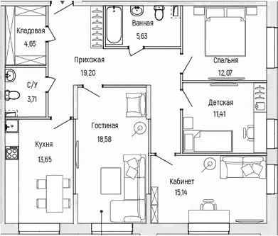 Планировка: 4-комнатная квартира 104 м² в ЖК «Рига Хиллс»