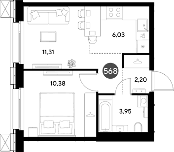 Планировка: Евродвушка 33,9 м² в ЖК «ЭВО»