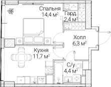 Планировка: 1-комнатная квартира 38,6 м² в ЖК «СЕЗАР БУДУЩЕЕ»