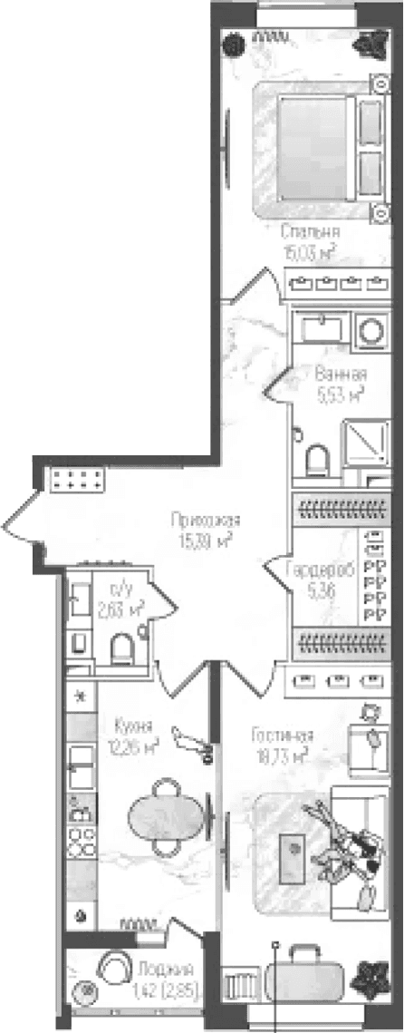 Планировка: 2-комнатная квартира 75,9 м² в ЖК «Рига Хиллс»
