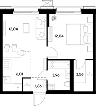 Планировка: Евродвушка 39,5 м² в ЖК «ЭВО»