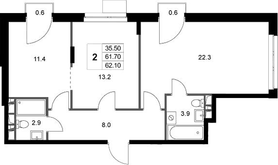 Планировка: 2-комнатная квартира 61,7 м² в ЖК «Легенда Марусино»