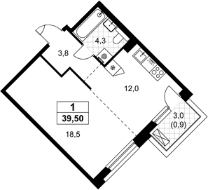 Планировка: 1-комнатная квартира 38,6 м² в ЖК «Хольм»