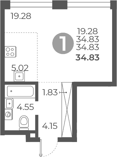 Планировка: Студия 34,8 м² в ЖК «Мневники от Гранель»