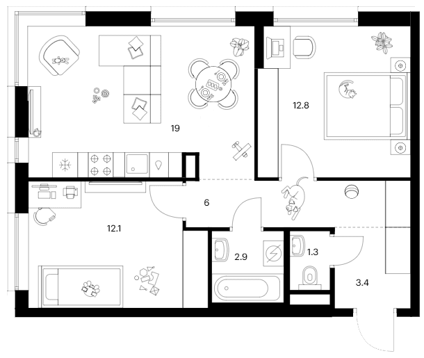 Планировка: 2-комнатная квартира 57,5 м² в ЖК «Москворечье»