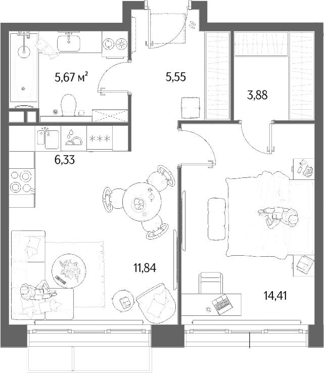 Планировка: Евродвушка 47,7 м² в ЖК «МЫС»