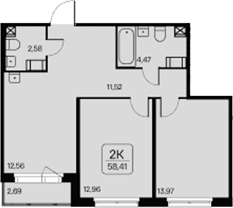 Планировка: 2-комнатная квартира 57,1 м² в ЖК «Расцветай в Янино»