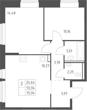 Планировка: Евротрёшка 55,9 м² в ЖК «Егорово парк»