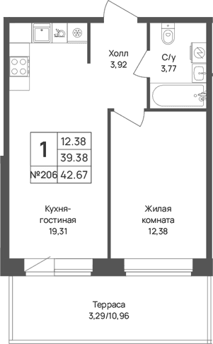 Планировка: Евродвушка 39,4 м² в ЖК «Капральский берег»