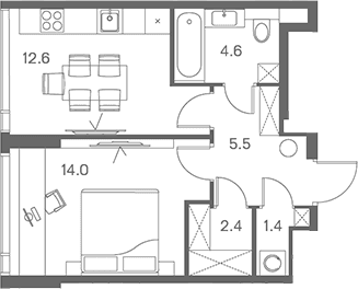Планировка: 1-комнатная квартира 40,5 м² в ЖК «ЛОТ от Аквилон»
