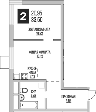 Планировка: Евродвушка 33,5 м² в ЖК «Гранель Аникеевский»