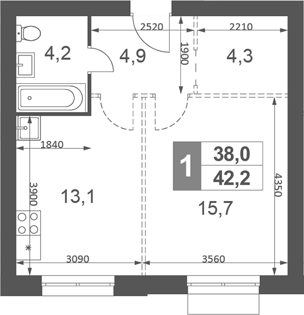 Планировка: 1-комнатная квартира 42,2 м² в ЖК «Дубровицы Клаб»