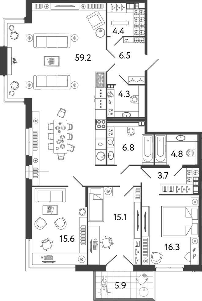 Планировка: Квартира евро-4 136,7 м² в ЖК «Репин»