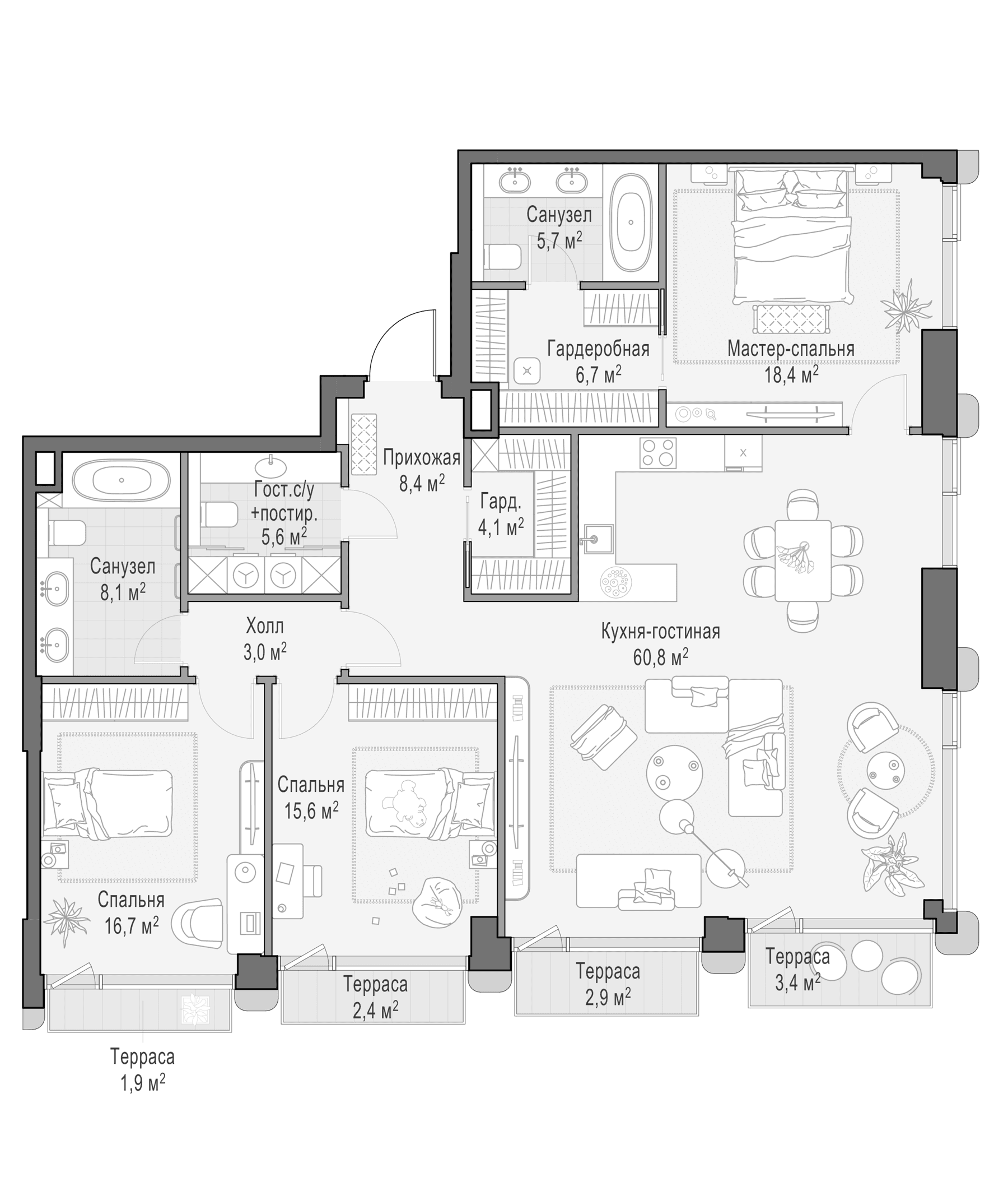 Планировка: Квартира евро-4 147 м² в ЖК «Дом Палашевский 11»