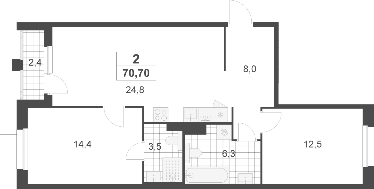 Планировка: Евротрёшка 69,5 м² в ЖК «Деснаречье»