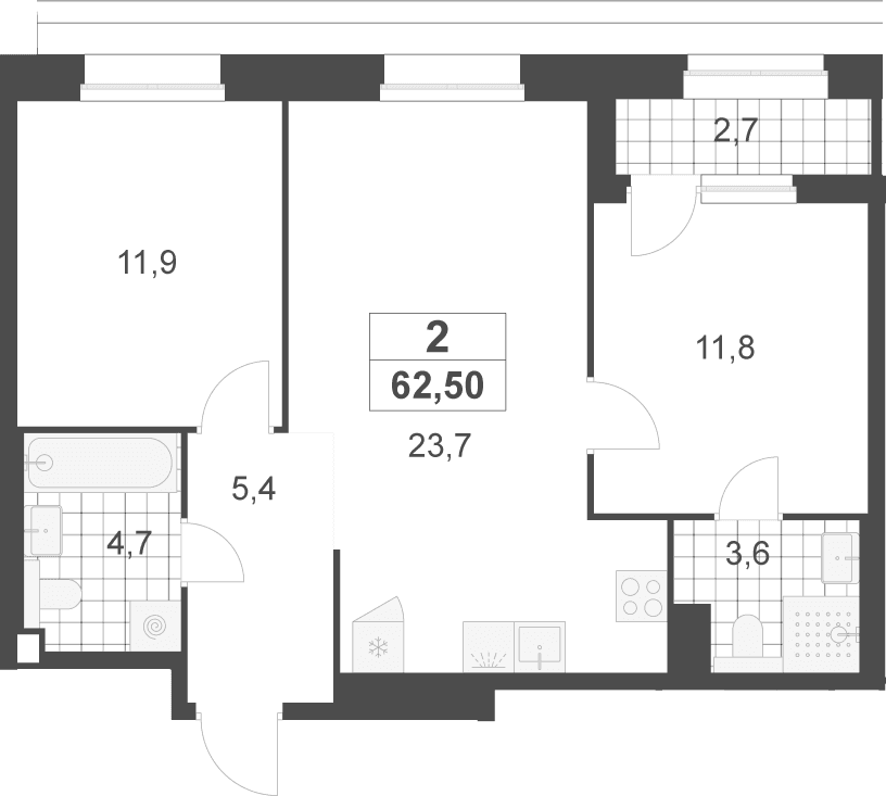 Планировка: Евротрёшка 61,2 м² в ЖК «Деснаречье»