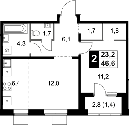 Планировка: Евродвушка 45,2 м² в ЖК «1-й Ясеневский»