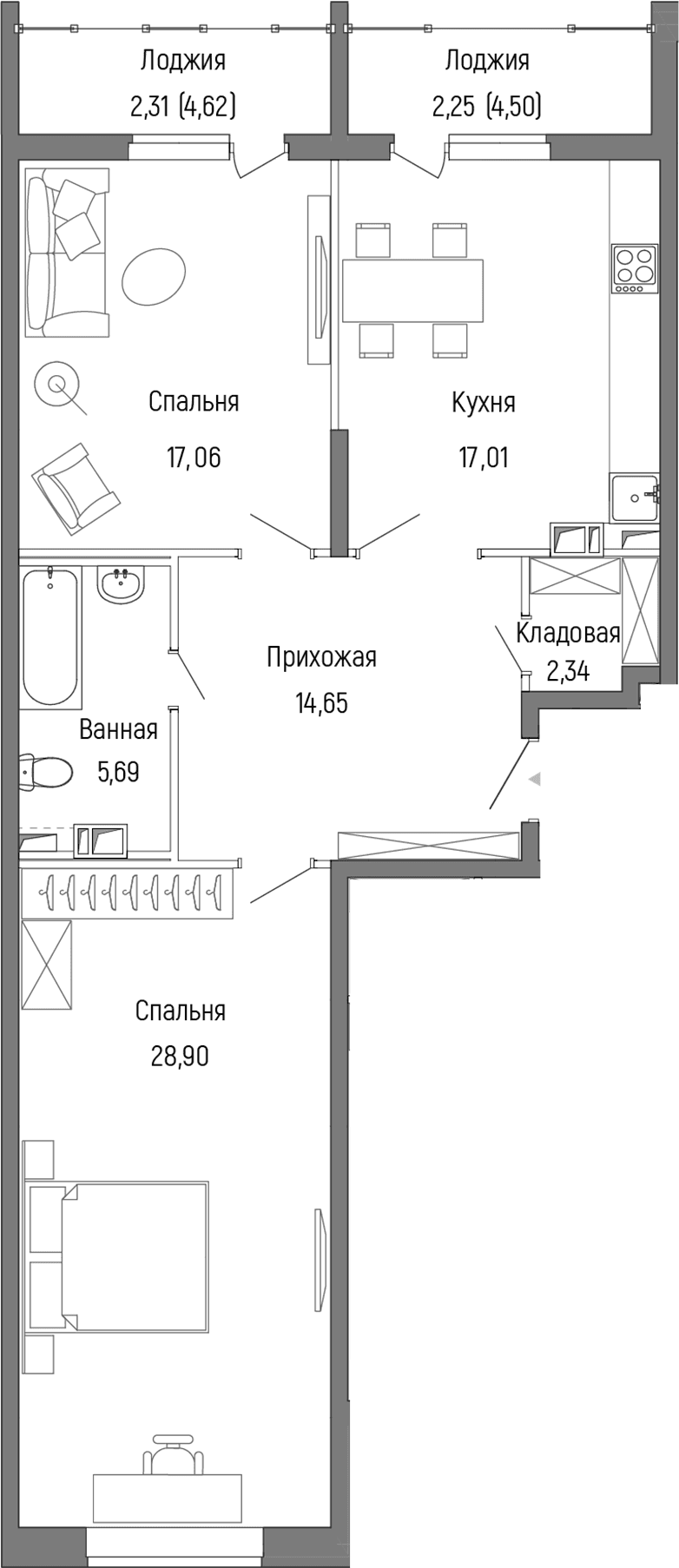 Планировка: 2-комнатная квартира 84,1 м² в ЖК «Рига Хиллс»