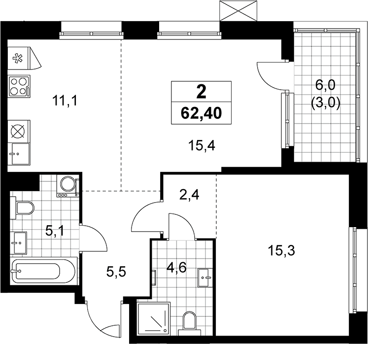 Планировка: Евродвушка 59,4 м² в ЖК «Дзен-кварталы»