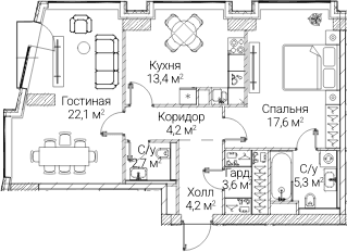 Планировка: 2-комнатная квартира 72,4 м² в ЖК «СЕЗАР БУДУЩЕЕ»