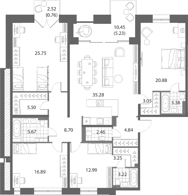 Планировка: Квартира евро-5 151,9 м² в ЖК «Нева Арт»
