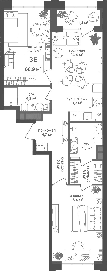 Планировка: Евротрёшка 66,1 м² в ЖК «Михалковский»