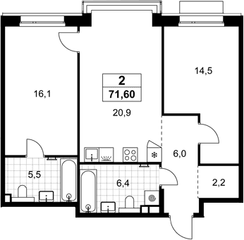 Планировка: Евротрёшка 71,6 м² в ЖК «Хольм»