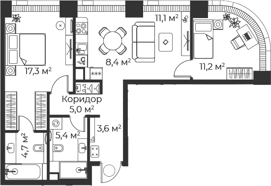 Планировка: Евротрёшка 66,7 м² в ЖК «Веер»