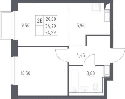Планировка: Евродвушка 34,3 м² в ЖК «Томилино Парк»