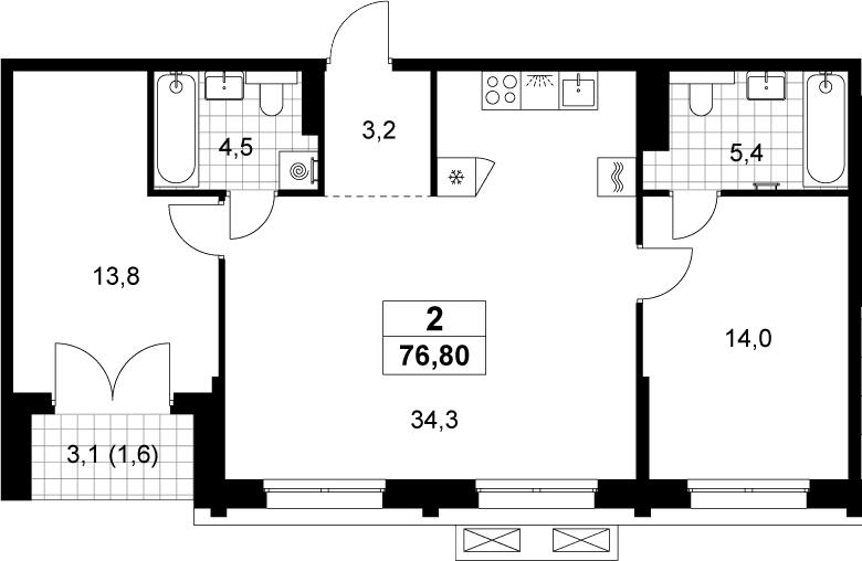 Планировка: Евротрёшка 75,2 м² в ЖК «Хольм»