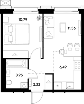 Планировка: Евродвушка 35,1 м² в ЖК «ЭВО»