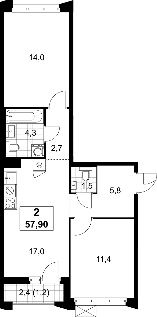 Планировка: Евротрёшка 56,7 м² в ЖК «Деснаречье»