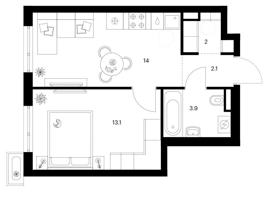 Планировка: 1-комнатная квартира 35,1 м² в ЖК «Зеленый парк»