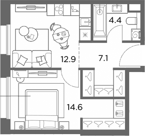 Планировка: 1-комнатная квартира 39 м² в ЖК «Станиславский»