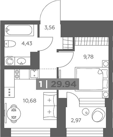 Планировка: Евродвушка 28,5 м² в ЖК «Солар Парк»