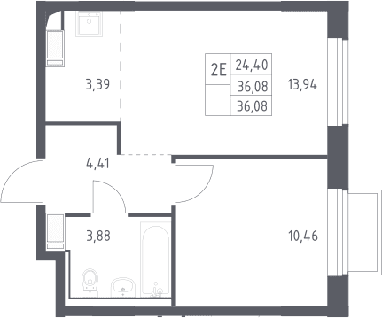 Планировка: Евродвушка 36,1 м² в ЖК «Томилино Парк»