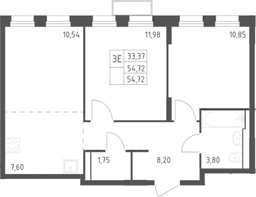 Планировка: Евротрёшка 54,7 м² в ЖК «Квартал Строгино»