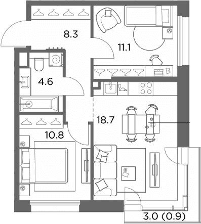 Планировка: 2-комнатная квартира 53,5 м² в ЖК «Станиславский»
