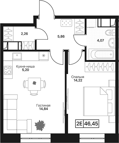 Планировка: Евродвушка 46,3 м² в ЖК «Пушкино Град»
