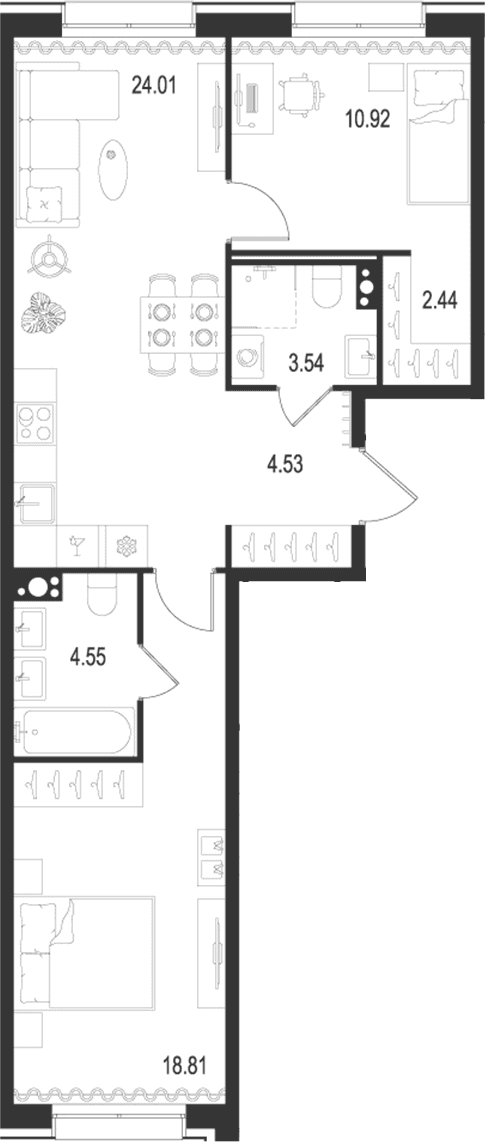 Планировка: Евротрёшка 68,8 м² в ЖК «Остров Первых»