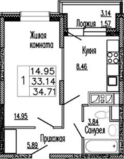 Планировка: 1-комнатная квартира 33,1 м² в ЖК «Клевер»