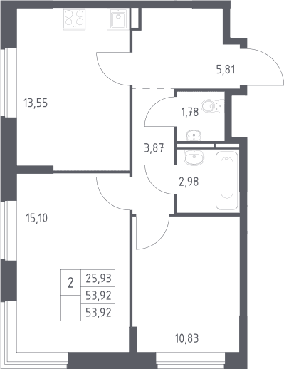 Планировка: 2-комнатная квартира 53,9 м² в ЖК «Богдановский лес»