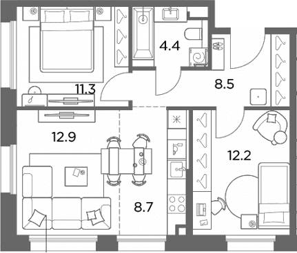 Планировка: Евротрёшка 58 м² в ЖК «Станиславский»