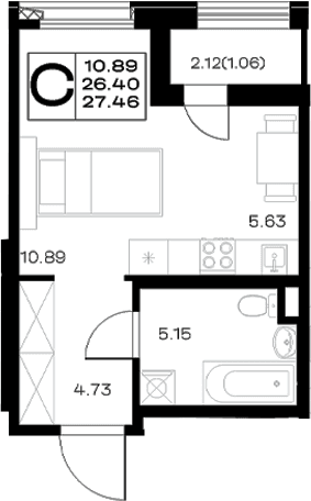 Планировка: Студия 26,4 м² в ЖК «Борский»