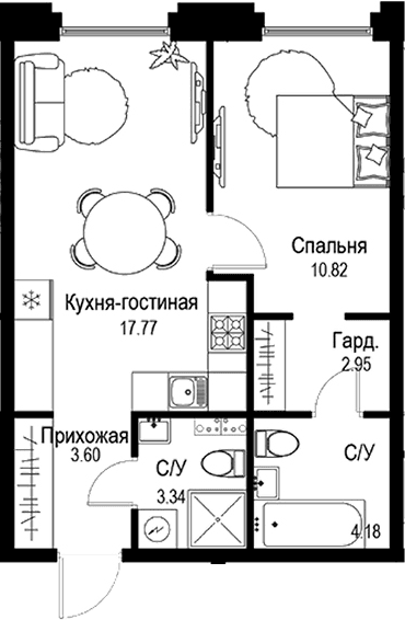Планировка: Евродвушка 42,7 м² в ЖК «ID Petrogradskaya»
