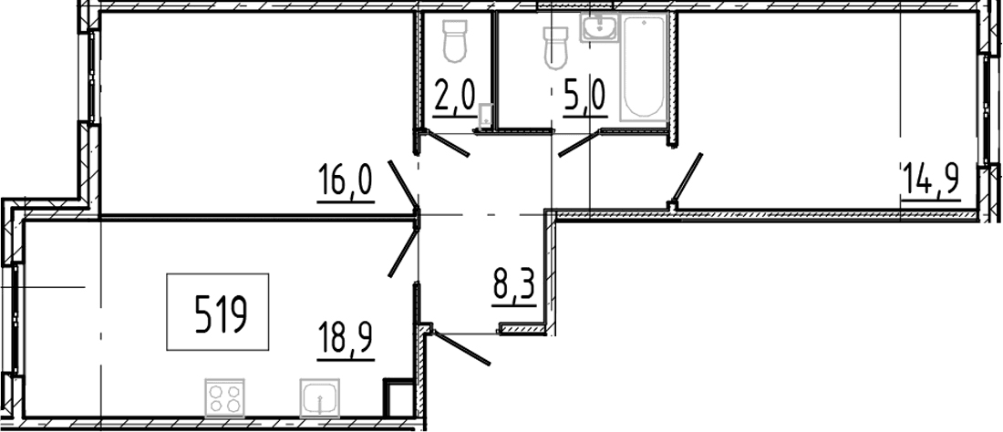 Планировка: Евротрёшка 65,1 м² в ЖК «Клюква.Парк»