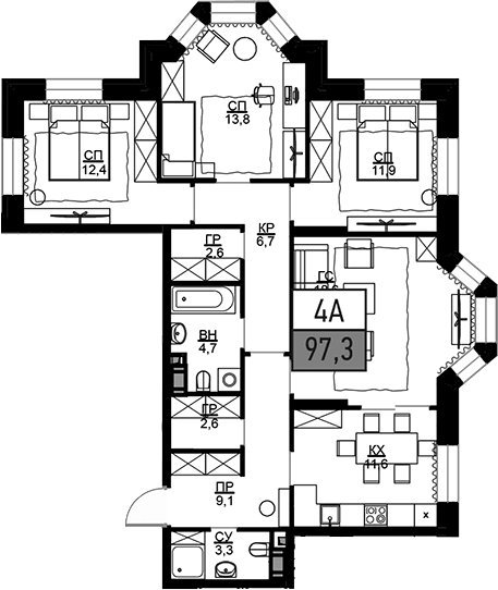 4-комнатная квартира