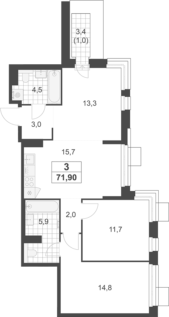 3-комнатная квартира