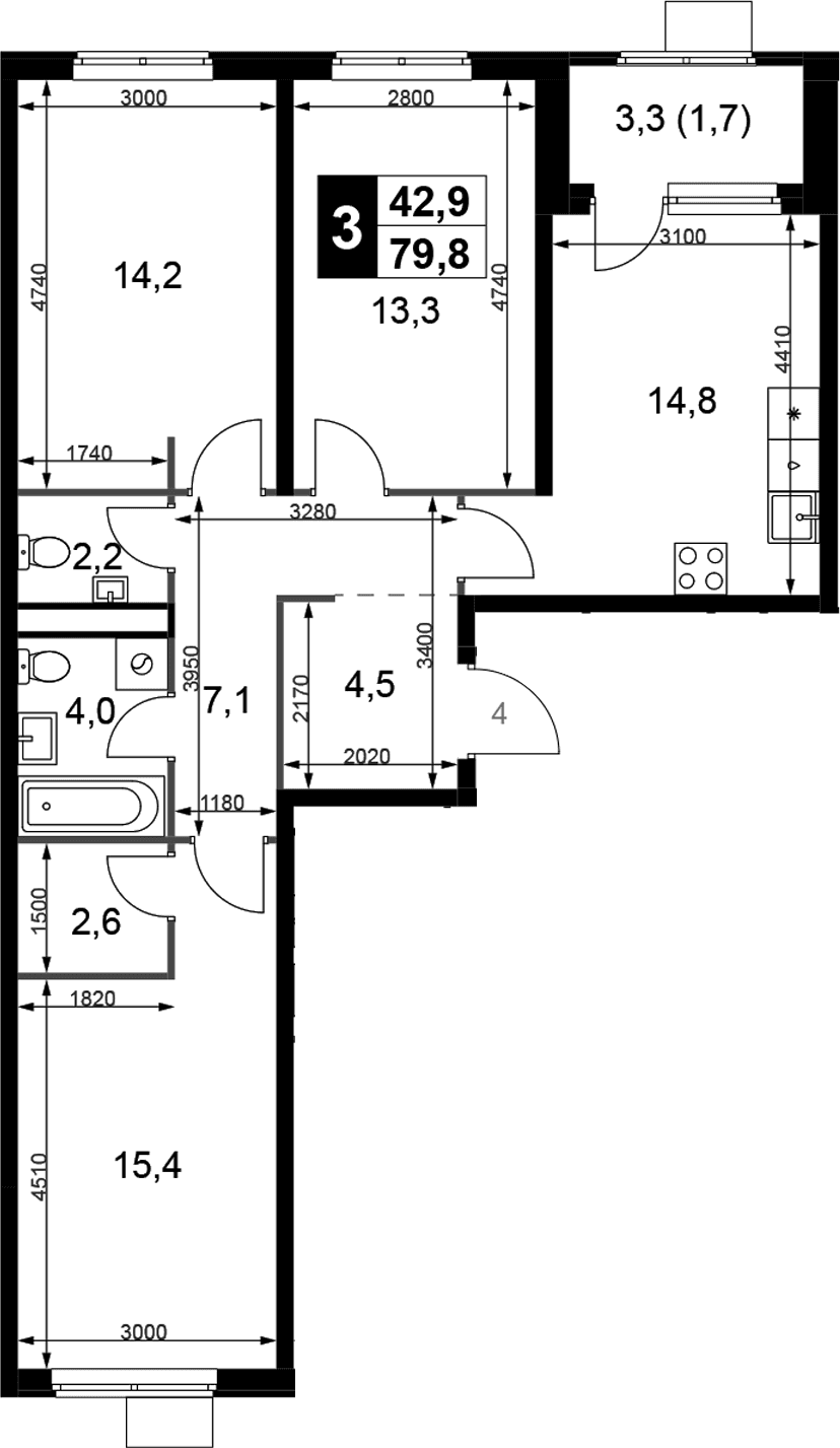 3-комнатная квартира